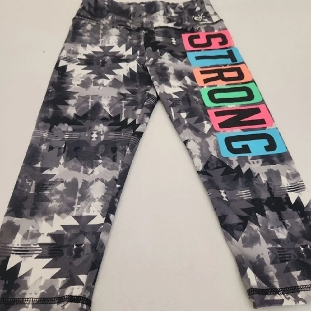 Justice Leggings Kids Size 10‎ Black Geometric STRONG Text Athletic Trendy